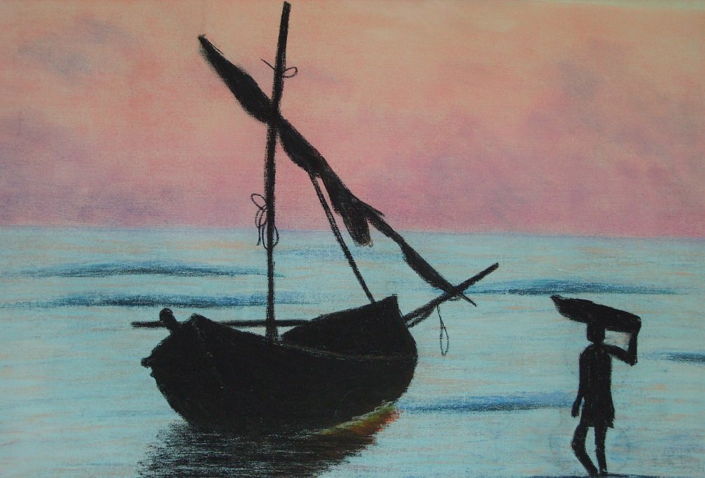 Bateau au coucher du soleil aux pastels secs